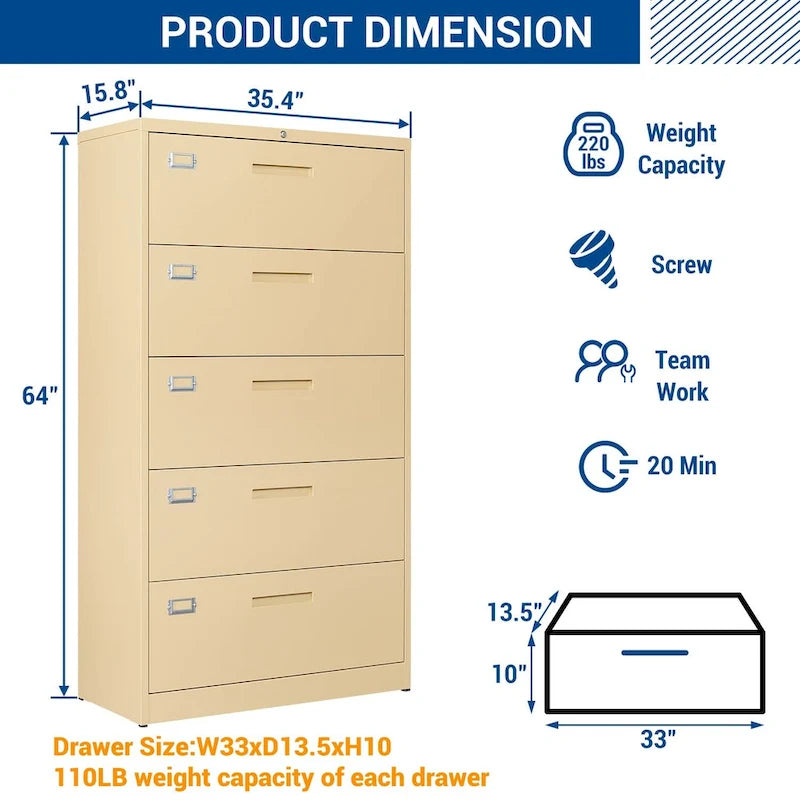 Steel 5 Drawer Lateral File Cabinet Storage Cabinets