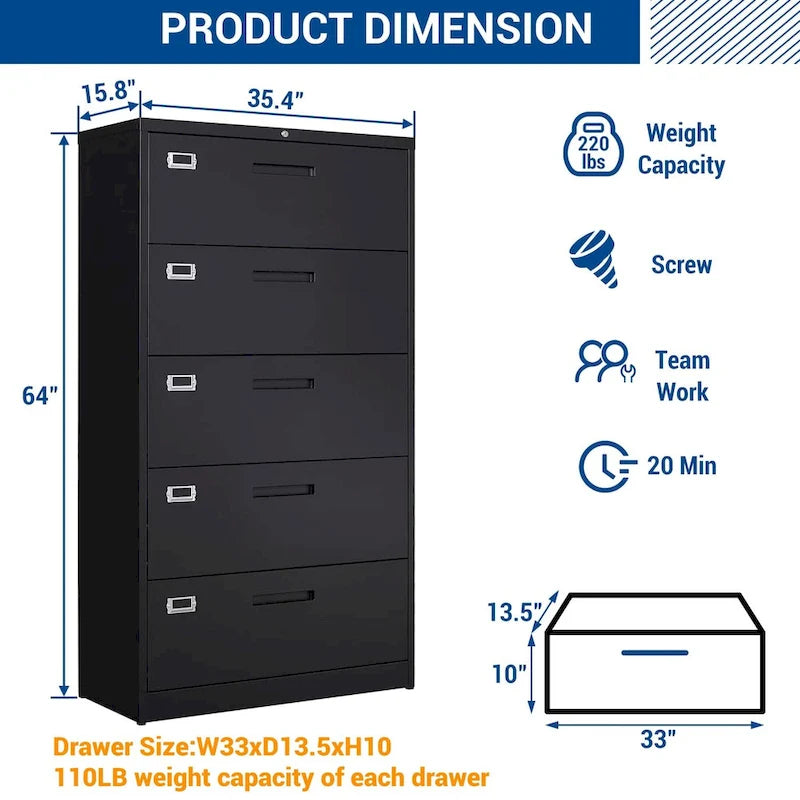 Steel 5 Drawer Lateral File Cabinet Storage Cabinets