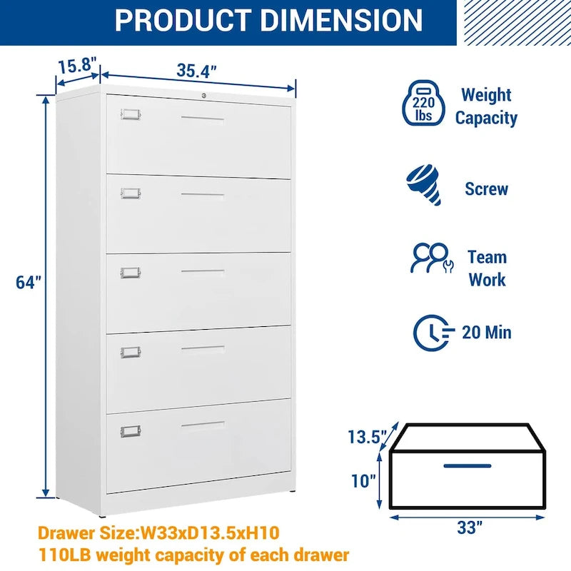 Steel 5 Drawer Lateral File Cabinet Storage Cabinets