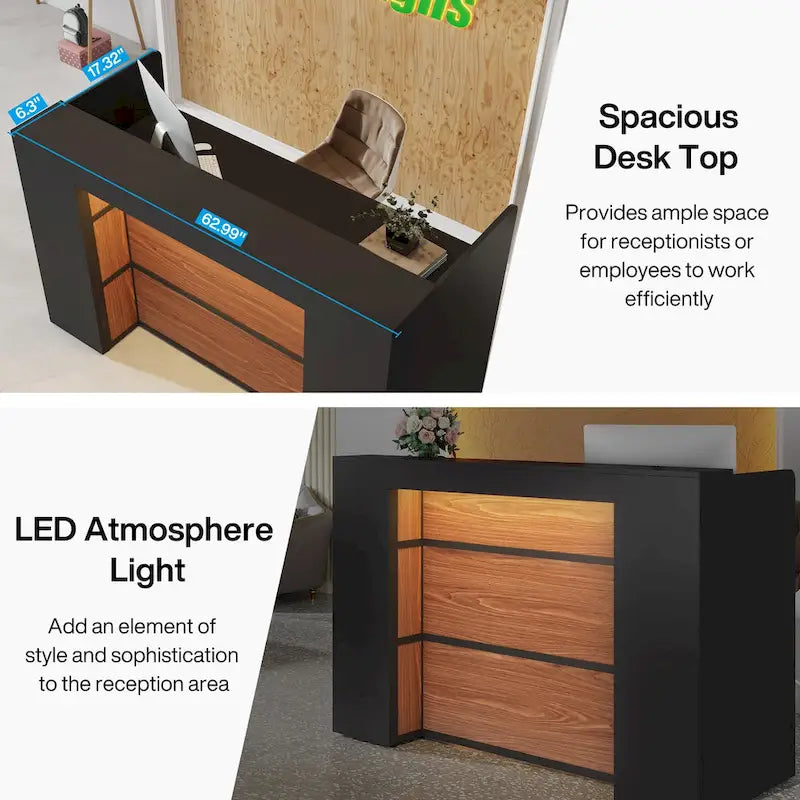 Large Reception Desk Front Desk with LED Lights for Salon Reception Room Store Office Lobby Retail Shop Clinic