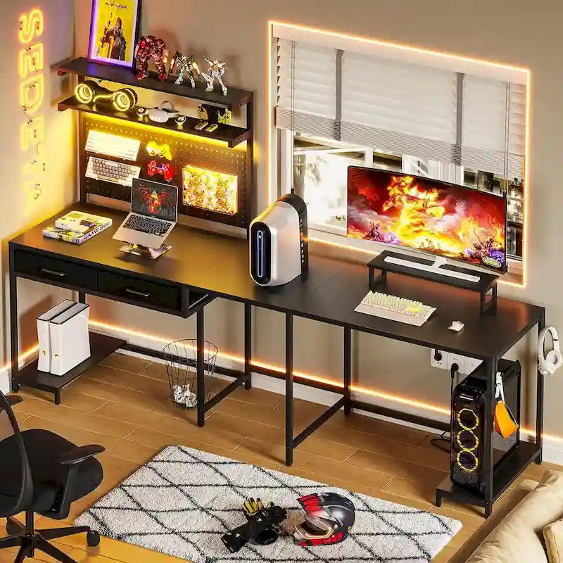 L Shaped Gaming Desk Pegboard and Drawers Monitor Stand