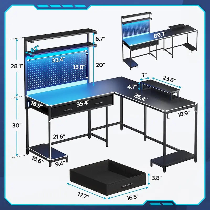L Shaped Gaming Desk Pegboard and Drawers Monitor Stand