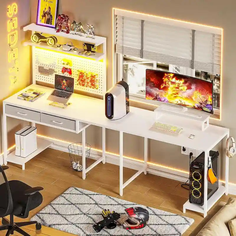 L Shaped Gaming Desk Pegboard and Drawers Monitor Stand
