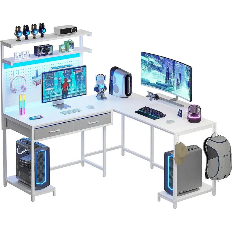 L Shaped Gaming Desk Pegboard and Drawers Monitor Stand