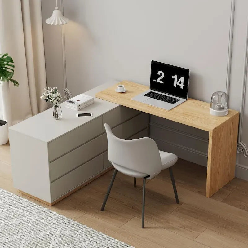 55.2-inch white corner desk with 6 drawer storage