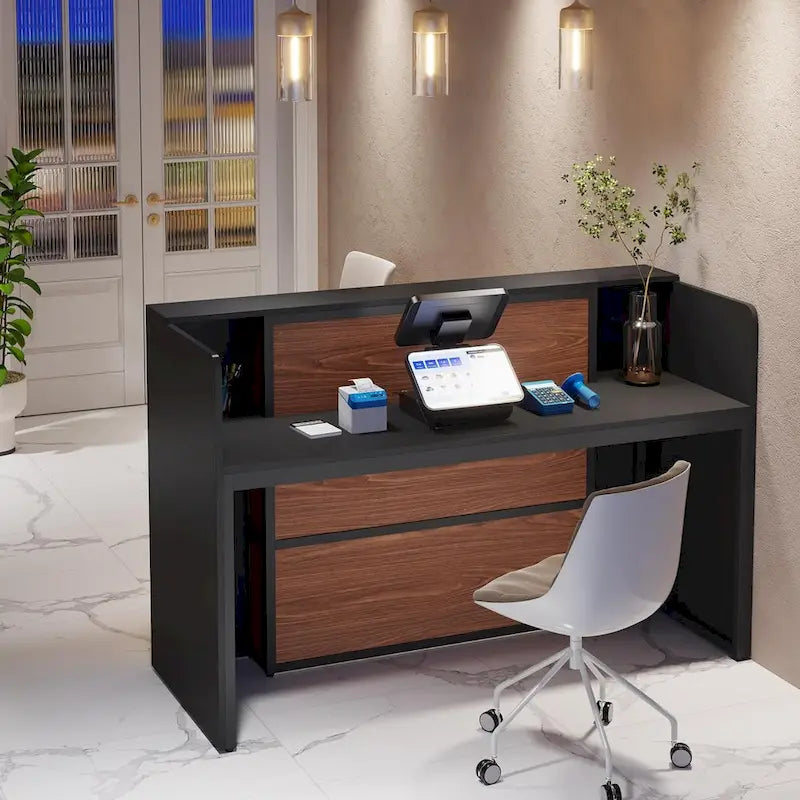 Reception Desk Front Desk with LED Lights,Large Reception Counter Table with Private Panels