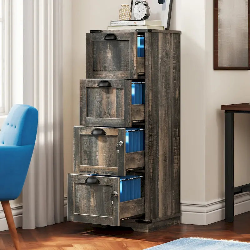 Moasis 4 Drawer Rustic Wood Vertical File Cabinet with Lock Storage Cabinet