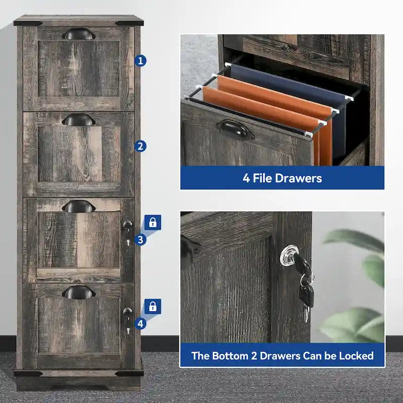 Moasis 4 Drawer Rustic Wood Vertical File Cabinet with Lock Storage Cabinet
