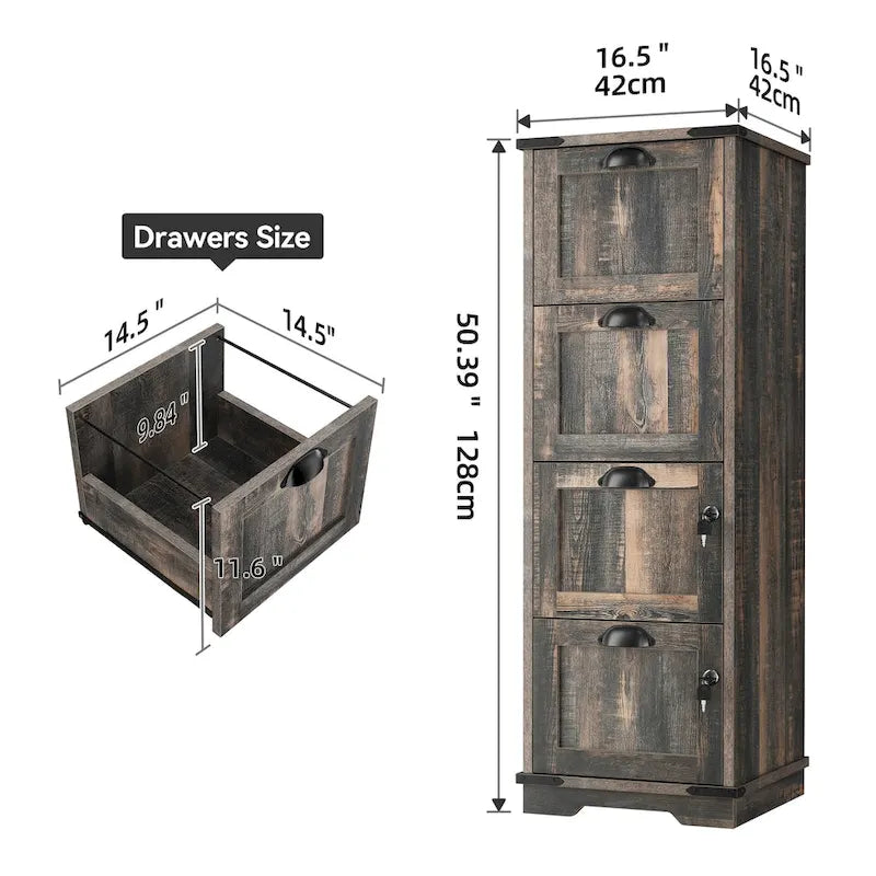 Moasis 4 Drawer Rustic Wood Vertical File Cabinet with Lock Storage Cabinet