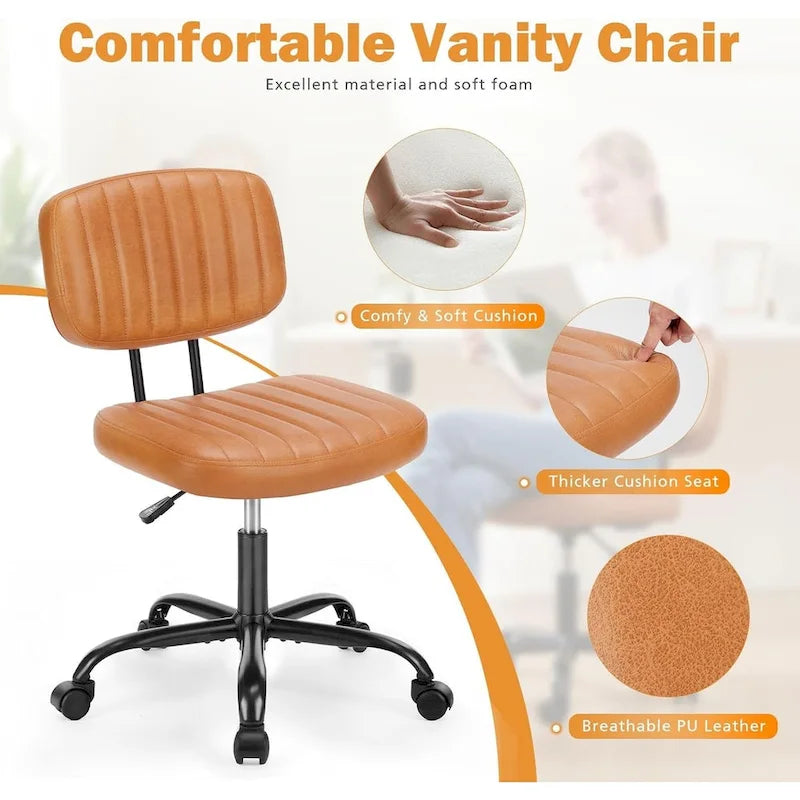 Small Office Computer Desk Chair, Comfy Cute Armlees PU Leather Vanity Rolling Swuvel Task Chair No Arm for Adult, Student