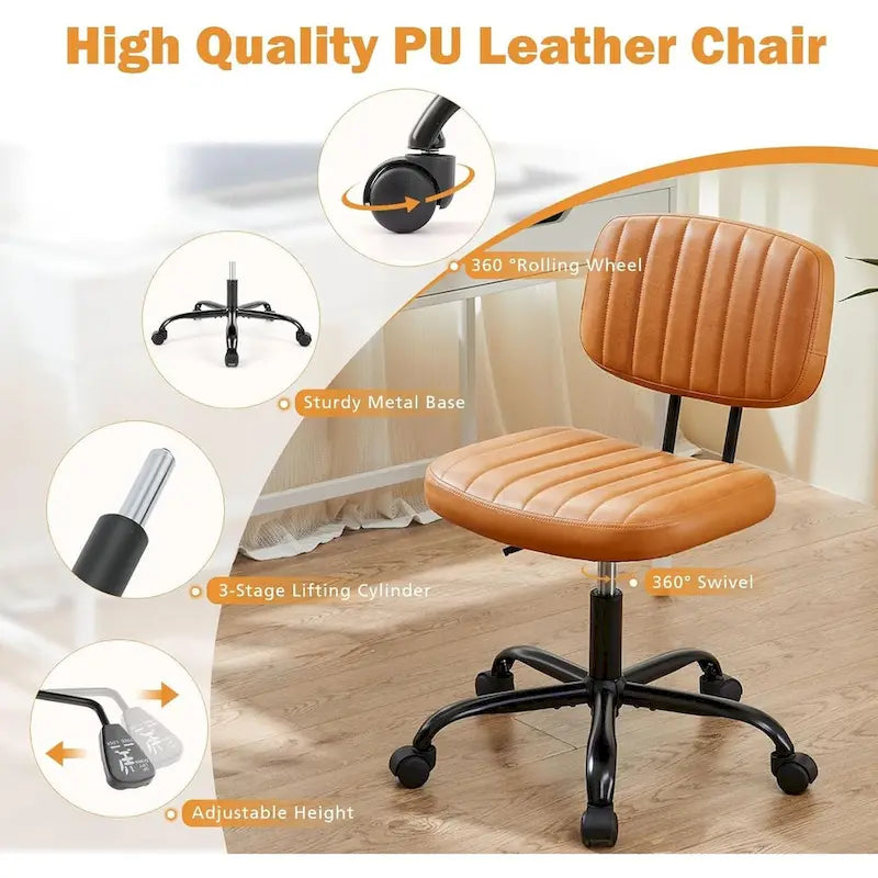 Small Office Computer Desk Chair, Comfy Cute Armlees PU Leather Vanity Rolling Swuvel Task Chair No Arm for Adult, Student