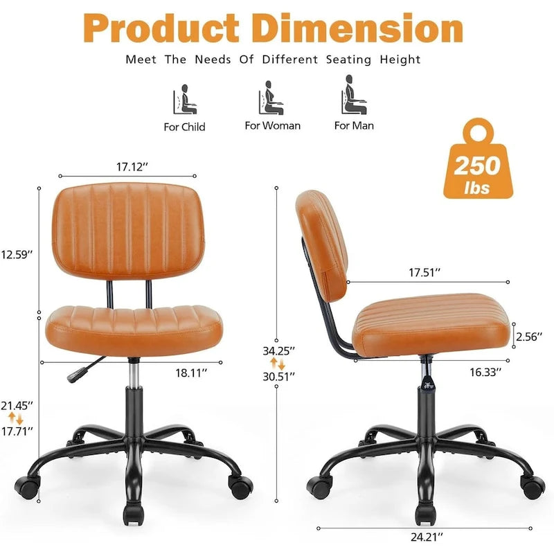 Small Office Computer Desk Chair, Comfy Cute Armlees PU Leather Vanity Rolling Swuvel Task Chair No Arm for Adult, Student