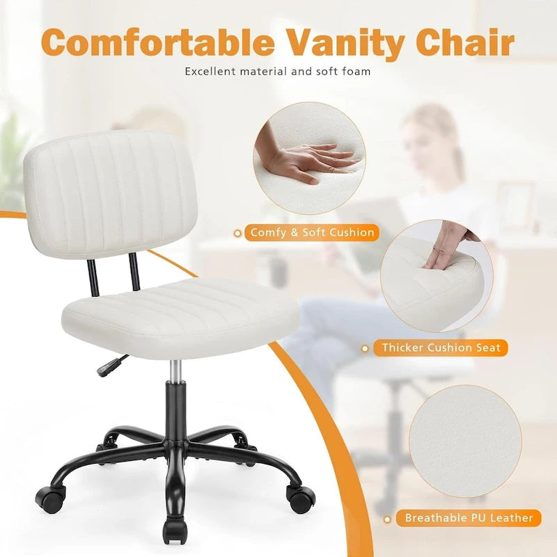 Small Office Computer Desk Chair, Comfy Cute Armlees PU Leather Vanity Rolling Swuvel Task Chair No Arm for Adult, Student