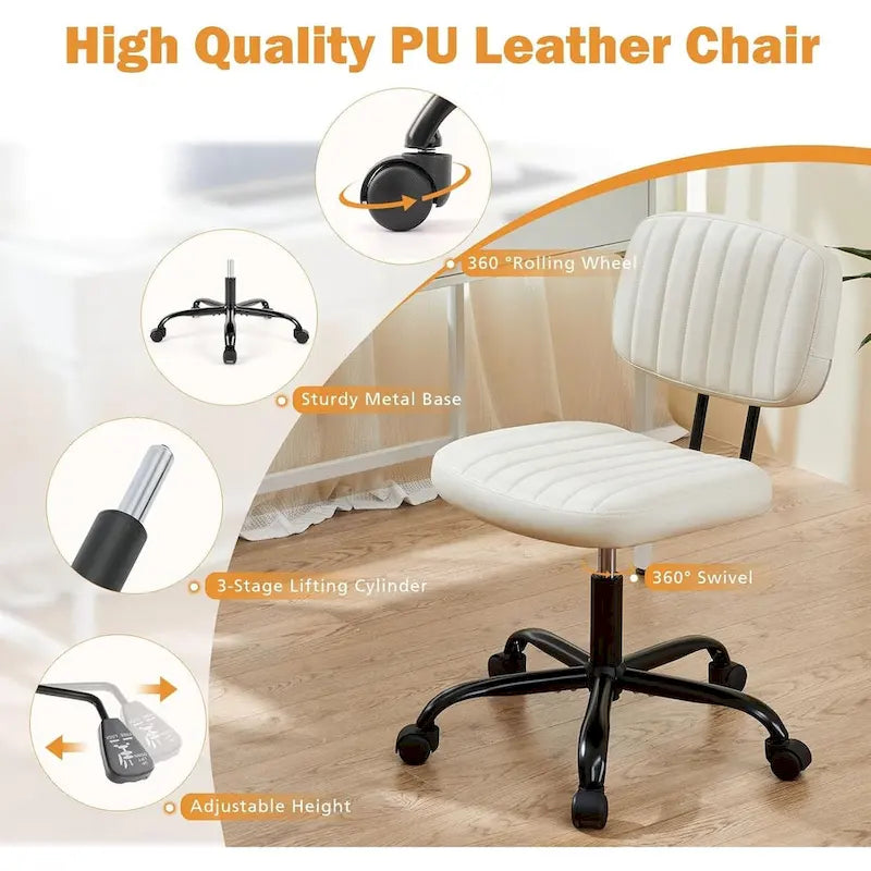 Small Office Computer Desk Chair, Comfy Cute Armlees PU Leather Vanity Rolling Swuvel Task Chair No Arm for Adult, Student
