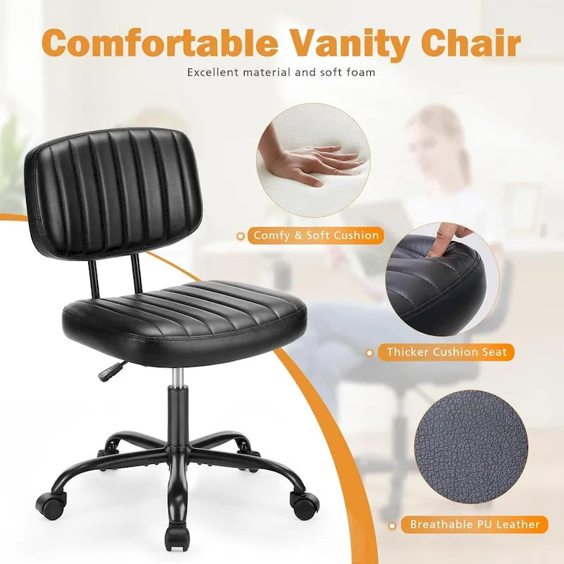 Small Office Computer Desk Chair, Comfy Cute Armlees PU Leather Vanity Rolling Swuvel Task Chair No Arm for Adult, Student
