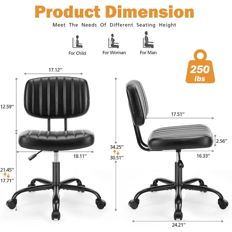 Small Office Computer Desk Chair, Comfy Cute Armlees PU Leather Vanity Rolling Swuvel Task Chair No Arm for Adult, Student