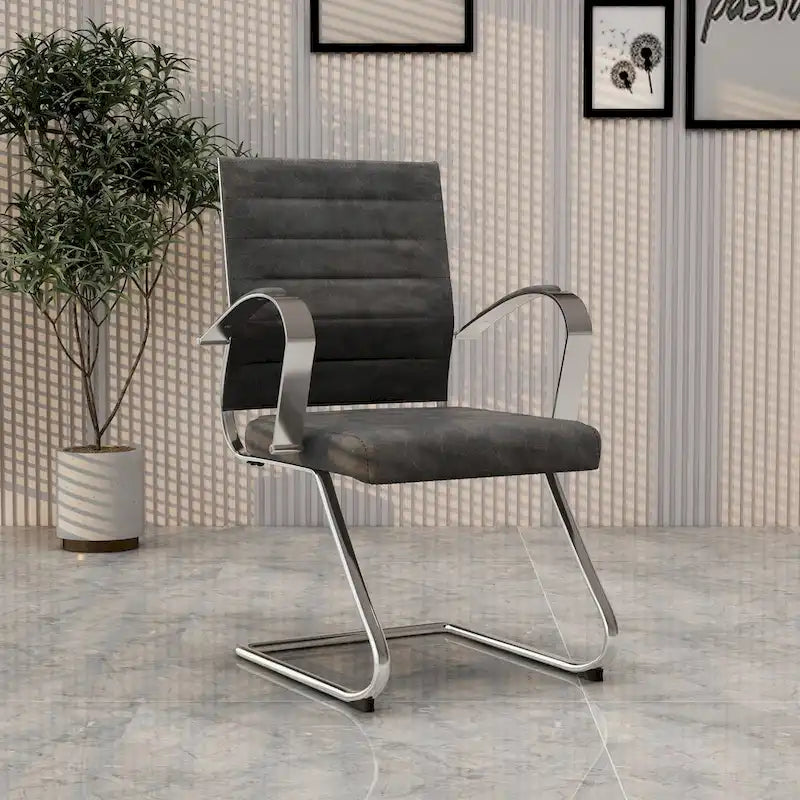 Leather Office Chair with Stainless Steel Sled Base Benmar Series by LeisureMod