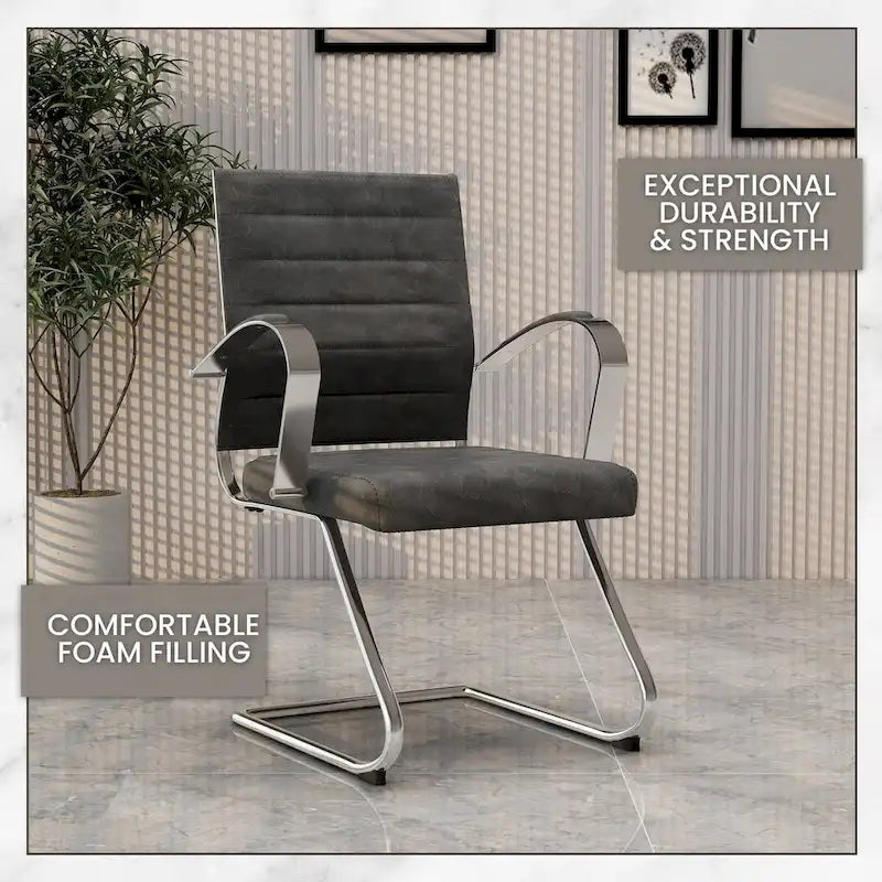 Leather Office Chair with Stainless Steel Sled Base Benmar Series by LeisureMod