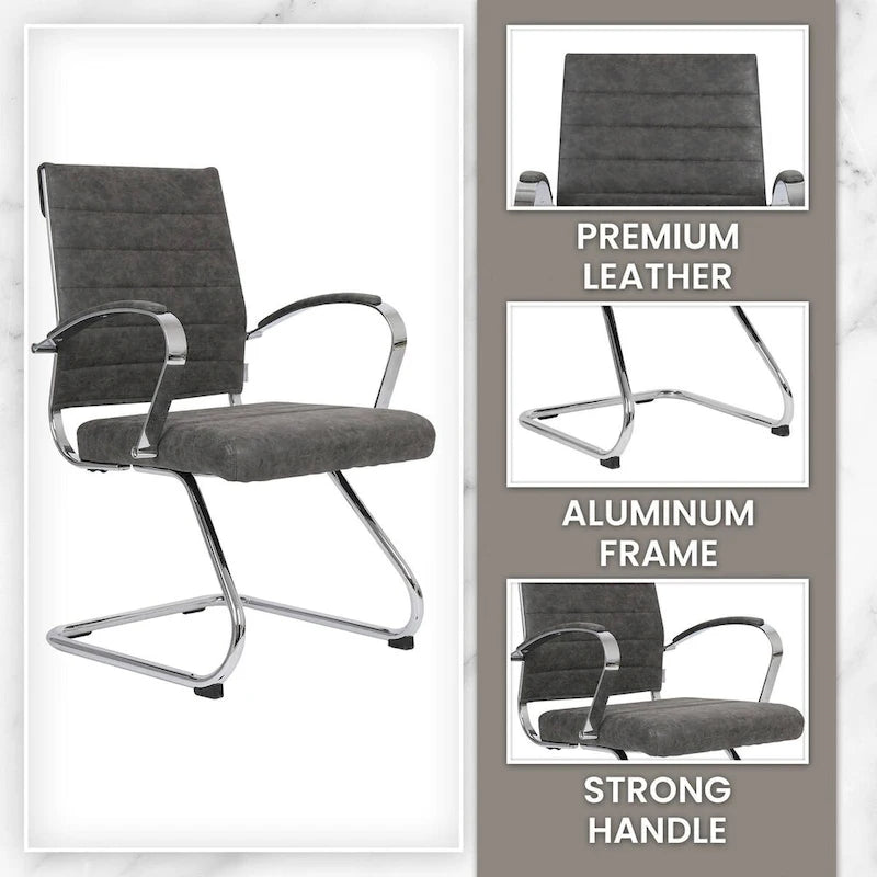 Leather Office Chair with Stainless Steel Sled Base Benmar Series by LeisureMod