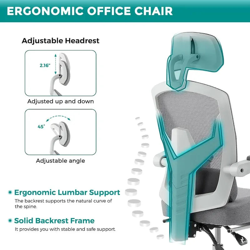 Home Office Desk Chair with Footrest, High-Back Mesh Reclining Chairs with Headrest for Home, Office, Gaming, Student