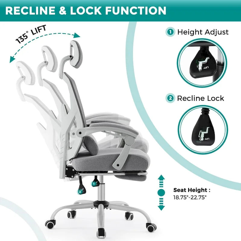 Home Office Desk Chair with Footrest, High-Back Mesh Reclining Chairs with Headrest for Home, Office, Gaming, Student