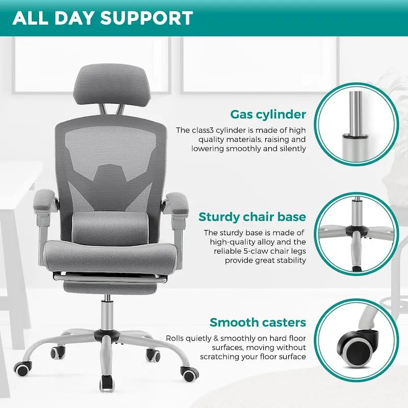 Home Office Desk Chair with Footrest, High-Back Mesh Reclining Chairs with Headrest for Home, Office, Gaming, Student