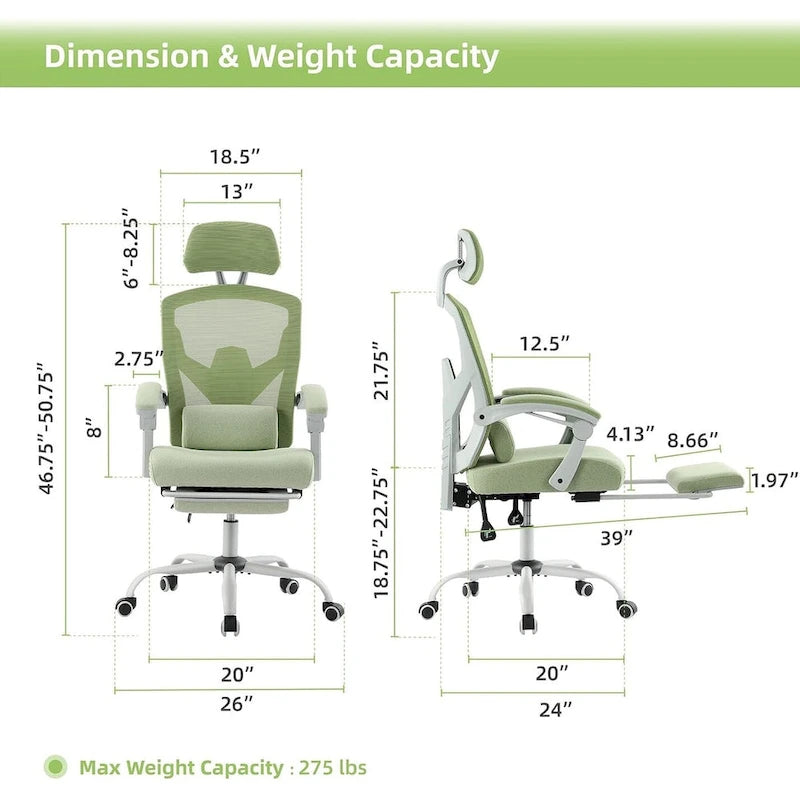 Home Office Desk Chair with Footrest, High-Back Mesh Reclining Chairs with Headrest for Home, Office, Gaming, Student