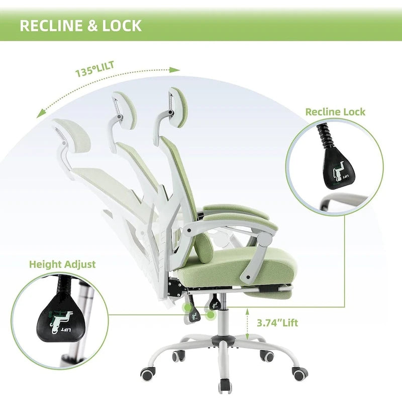 Home Office Desk Chair with Footrest, High-Back Mesh Reclining Chairs with Headrest for Home, Office, Gaming, Student