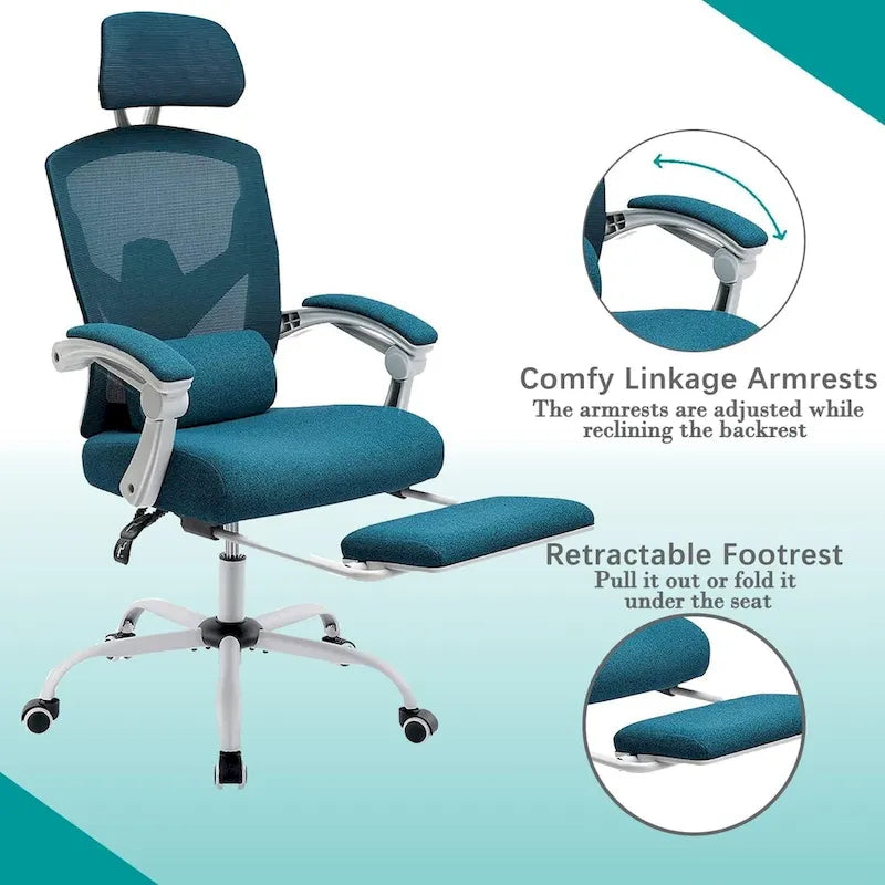 Home Office Desk Chair with Footrest, High-Back Mesh Reclining Chairs with Headrest for Home, Office, Gaming, Student