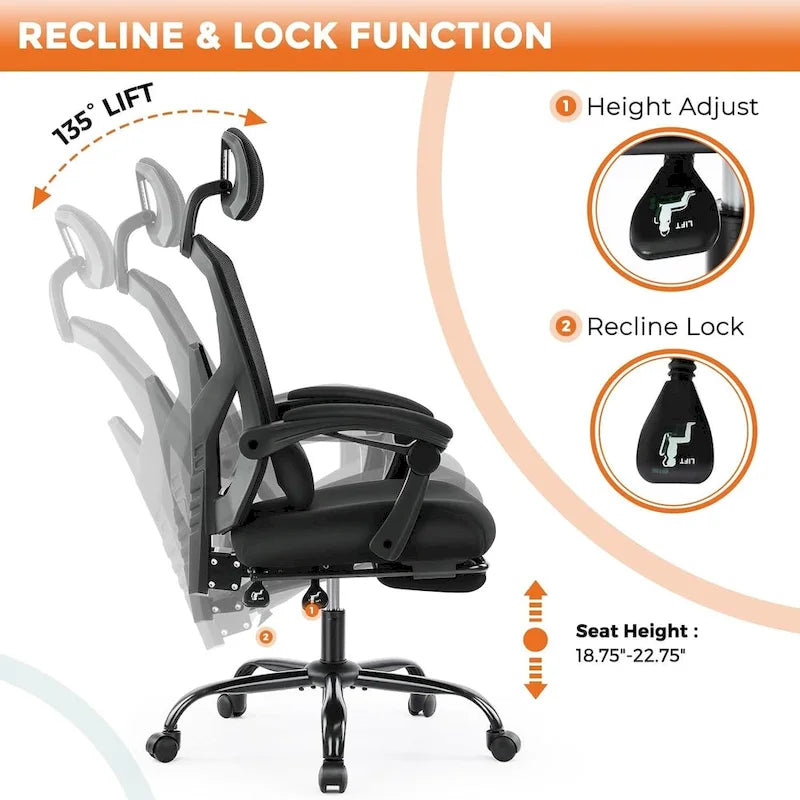 Home Office Desk Chair with Footrest, High-Back Mesh Reclining Chairs with Headrest for Home, Office, Gaming, Student