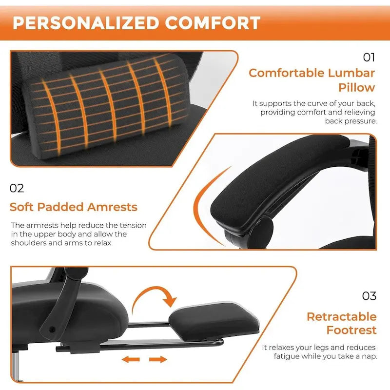 Home Office Desk Chair with Footrest, High-Back Mesh Reclining Chairs with Headrest for Home, Office, Gaming, Student