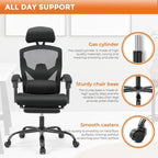 Home Office Desk Chair with Footrest, High-Back Mesh Reclining Chairs with Headrest for Home, Office, Gaming, Student