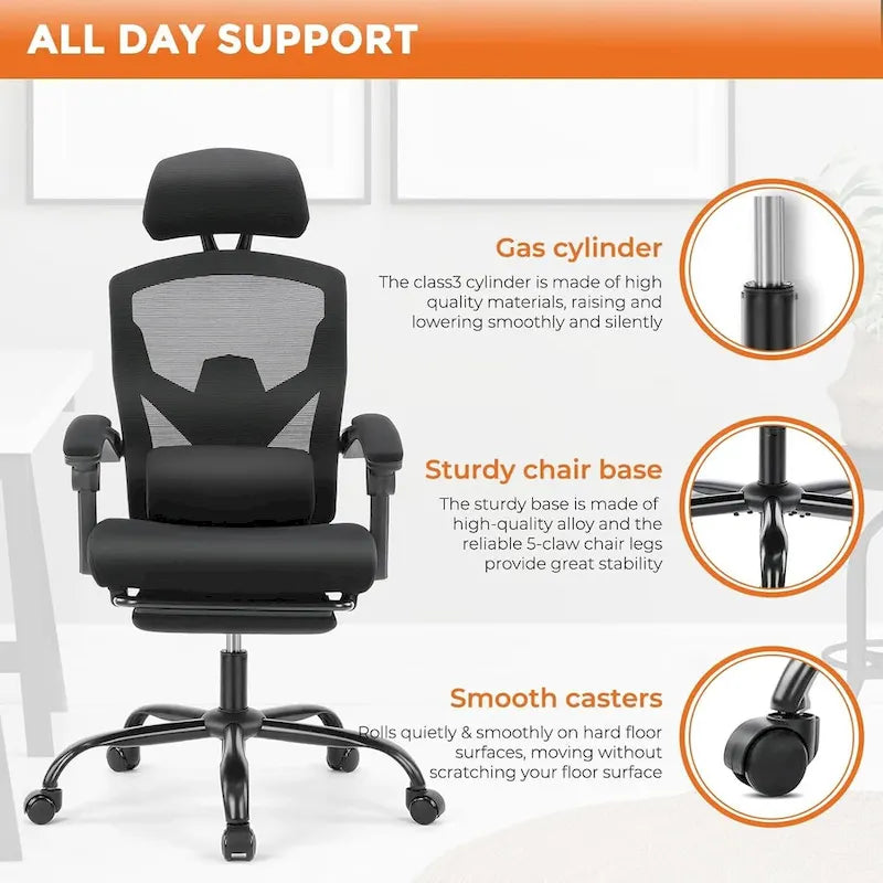Home Office Desk Chair with Footrest, High-Back Mesh Reclining Chairs with Headrest for Home, Office, Gaming, Student