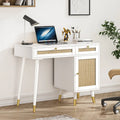 Computer Desk with 2 Drawers Modern Rattan Home Office Desk with File Cabinet