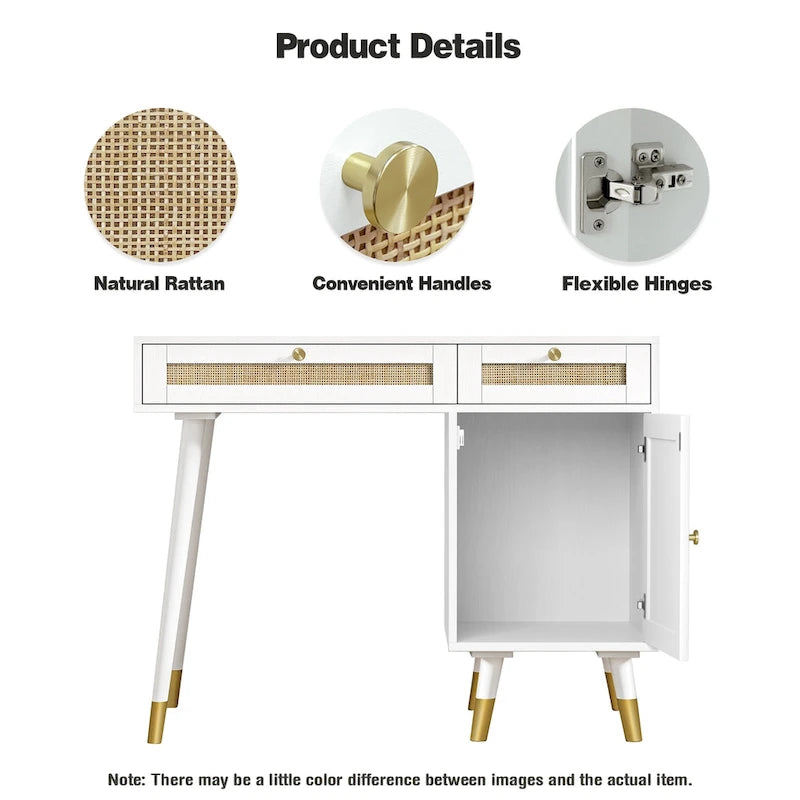 Computer Desk with 2 Drawers Modern Rattan Home Office Desk with File Cabinet