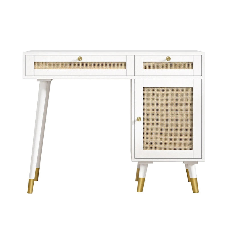 Computer Desk with 2 Drawers Modern Rattan Home Office Desk with File Cabinet