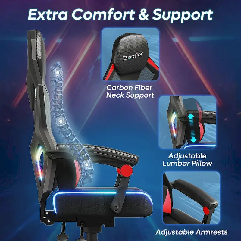 Ergonomic Gaming Chair with RGB LED Lights, Ventilated Fabric Computer Chair with Pocket Spring Cushion and Articulated Armrests