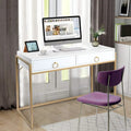 Anmytek Modern Computer Desk White Gold Vanity Desk Study Writing Table with 2 Drawers for Home Office
