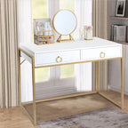 Anmytek Modern Computer Desk White Gold Vanity Desk Study Writing Table with 2 Drawers for Home Office