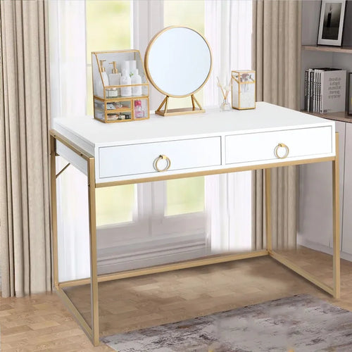 Anmytek Modern Computer Desk White Gold Vanity Desk Study Writing Table with 2 Drawers for Home Office