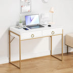 Anmytek Modern Computer Desk White Gold Vanity Desk Study Writing Table with 2 Drawers for Home Office
