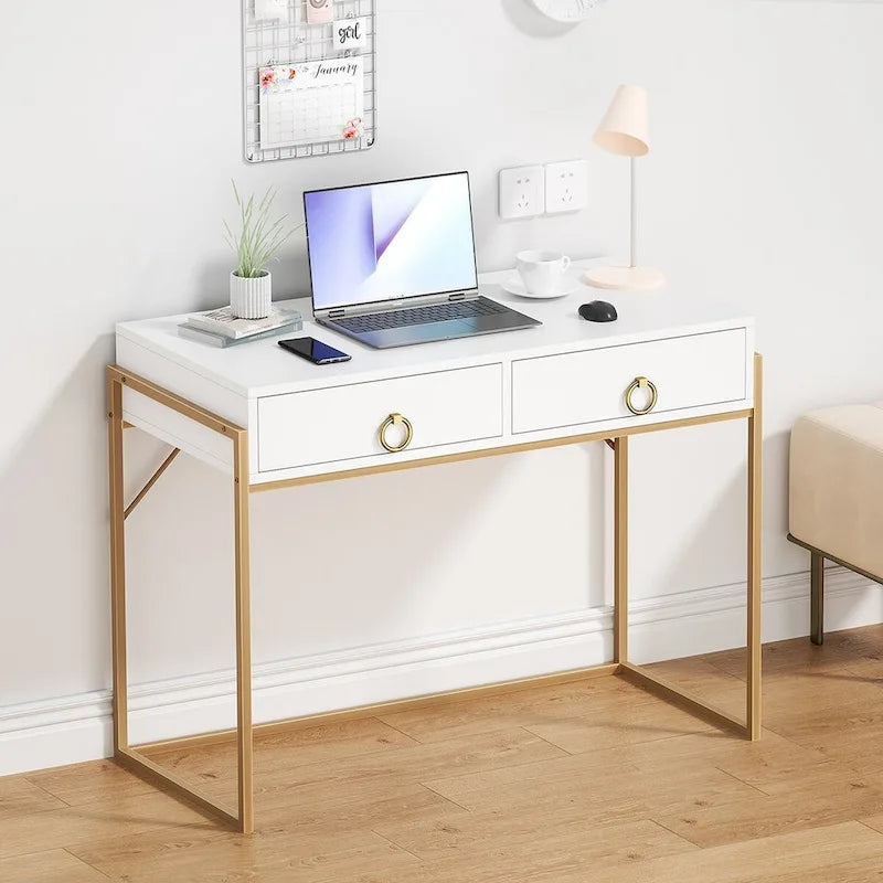 Anmytek Modern Computer Desk White Gold Vanity Desk Study Writing Table with 2 Drawers for Home Office