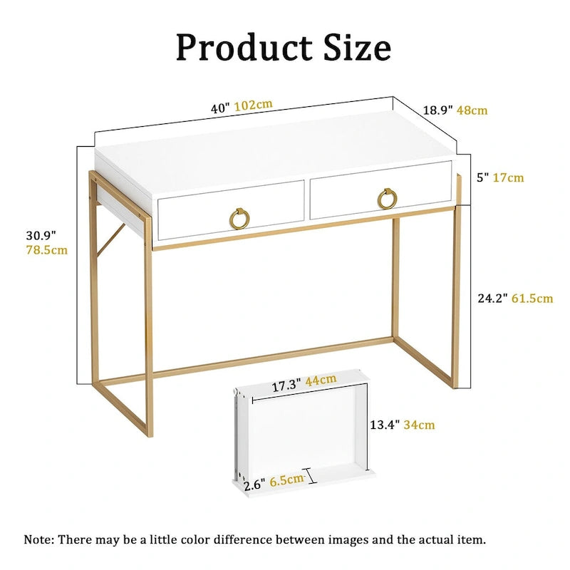 Anmytek Modern Computer Desk White Gold Vanity Desk Study Writing Table with 2 Drawers for Home Office