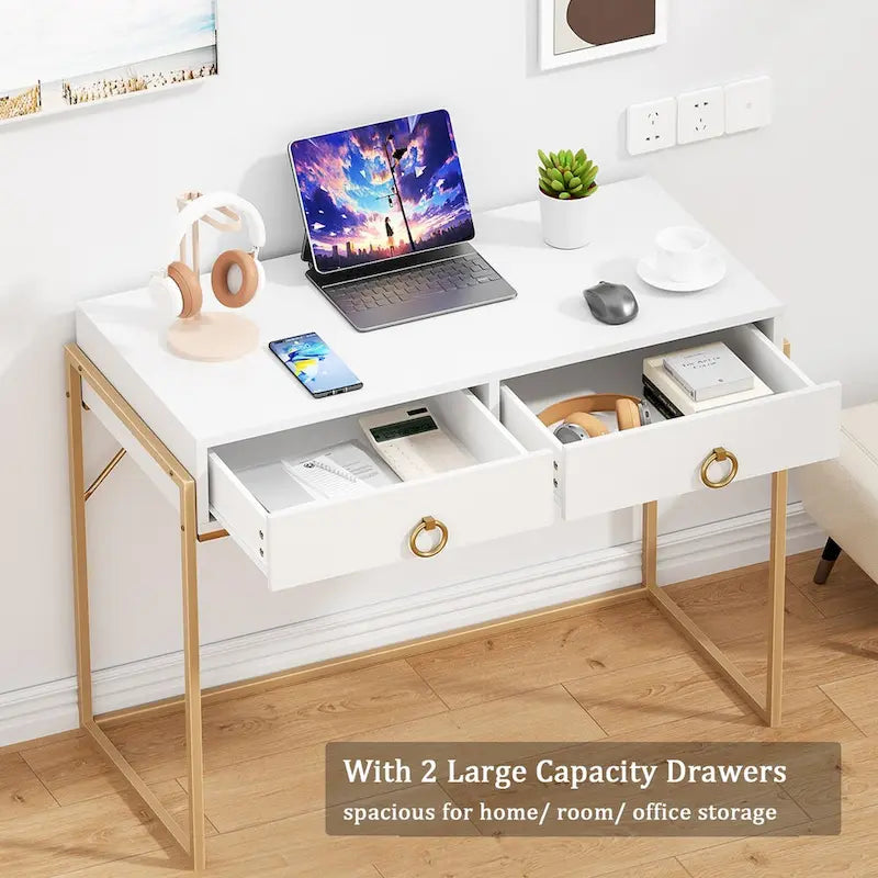 Anmytek Modern Computer Desk White Gold Vanity Desk Study Writing Table with 2 Drawers for Home Office