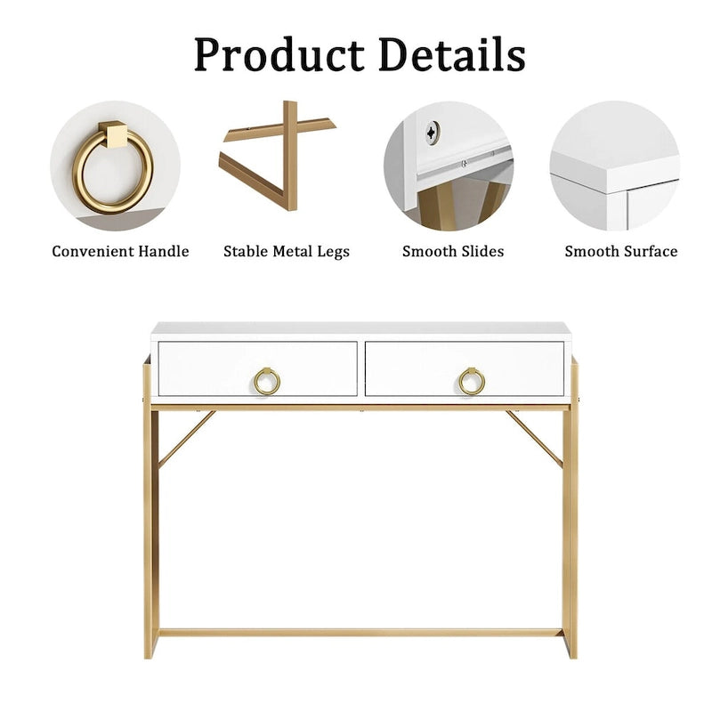 Anmytek Modern Computer Desk White Gold Vanity Desk Study Writing Table with 2 Drawers for Home Office