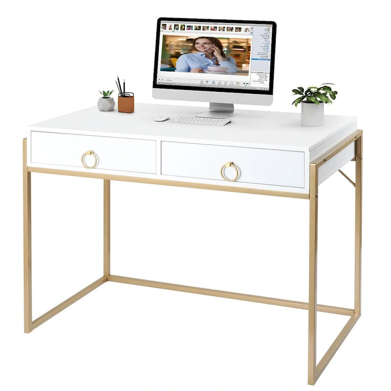 Anmytek Modern Computer Desk White Gold Vanity Desk Study Writing Table with 2 Drawers for Home Office