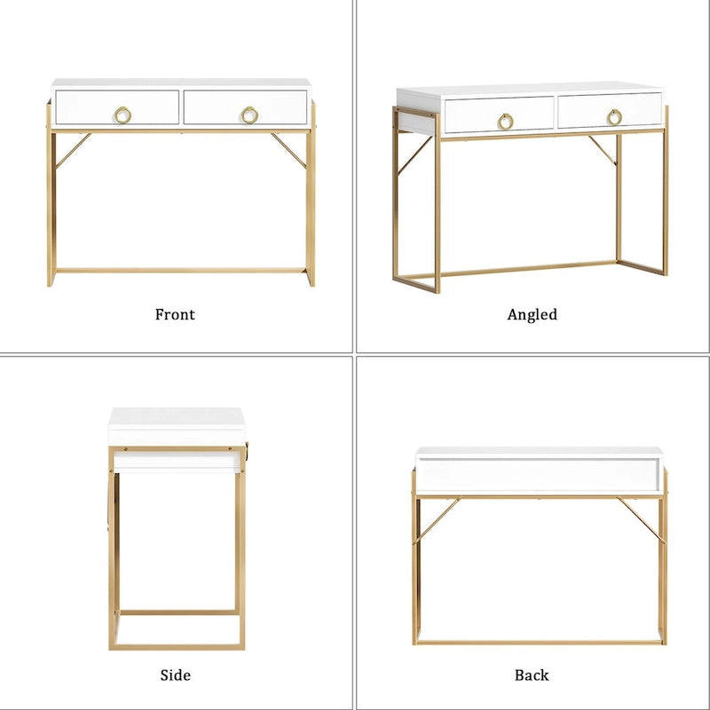 Anmytek Modern Computer Desk White Gold Vanity Desk Study Writing Table with 2 Drawers for Home Office