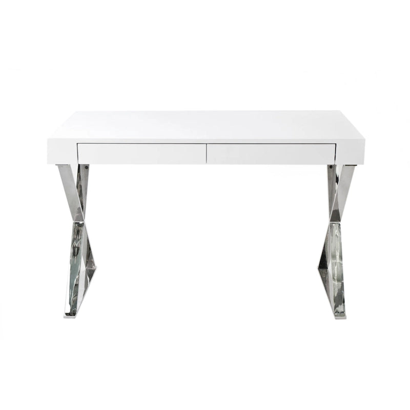 Rix 47 Inch Office Desk, White Wood Top, 2 Drawers, X Polished Steel Legs