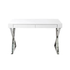 Rix 47 Inch Office Desk, White Wood Top, 2 Drawers, X Polished Steel Legs