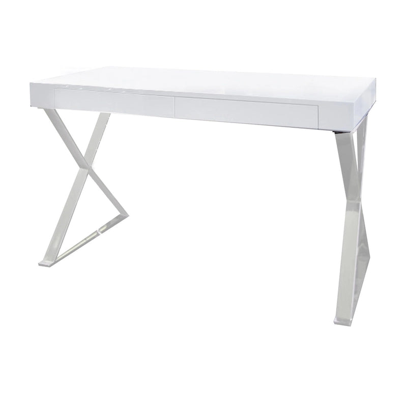 Rix 47 Inch Office Desk, White Wood Top, 2 Drawers, X Polished Steel Legs
